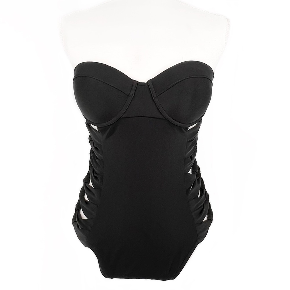 Black Cutout Strapless with Strap Foam Cup Underwire Pinup One Piece Swimsuit L